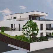 Image de synthèse d'un immeuble blanc de trois étages avec baies vitrées et terrasses sombres, entouré de verdure