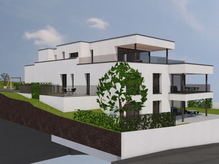 Image de synthèse d'un immeuble blanc de 3 étages avec baies vitrées et terrasses sombres, entouré de verdure