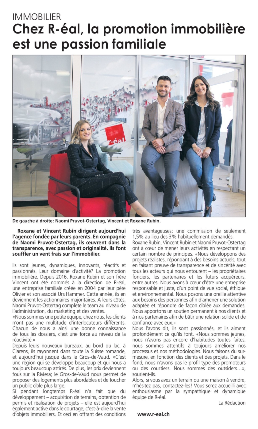 Article paru dans le journal Echo du Gros de Vaud pour présenter l'équipe de R-éal Suisse SA, entreprise active dans l'immobilier à Montreux