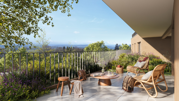 image de synthèse donnant sur la terrasse aménagée du lot 52, végétation, palissage métalisée
